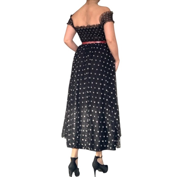 Elise - Elegant Black Polka Dot Off-Shoulder Dress - Small - Picture 13 of 14